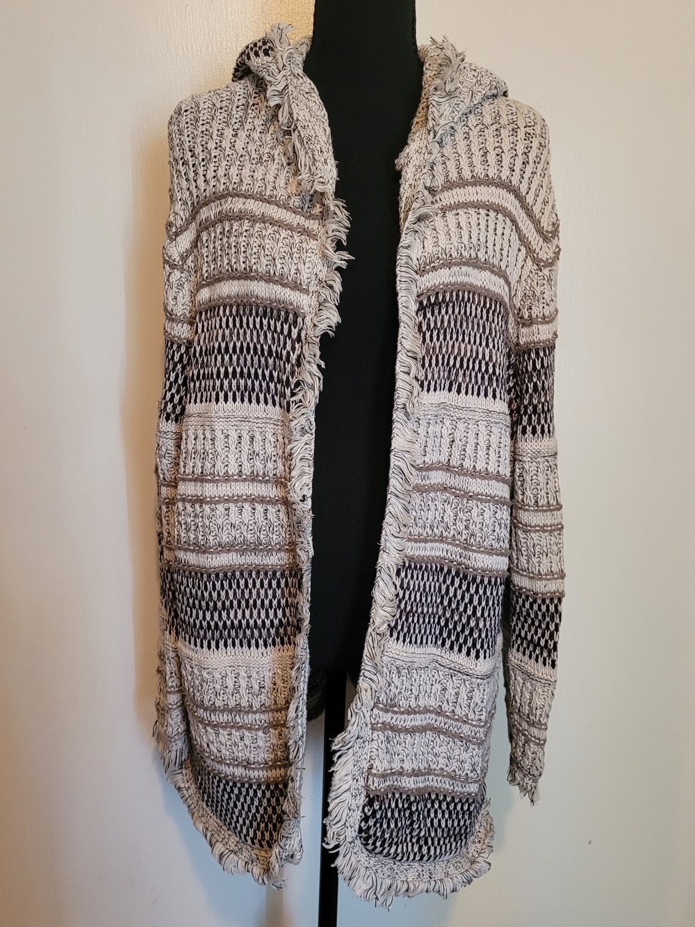 FYLO XL Hooded Fringe Open-Front Knit Cardigan Boho - Cream, Black & Tan